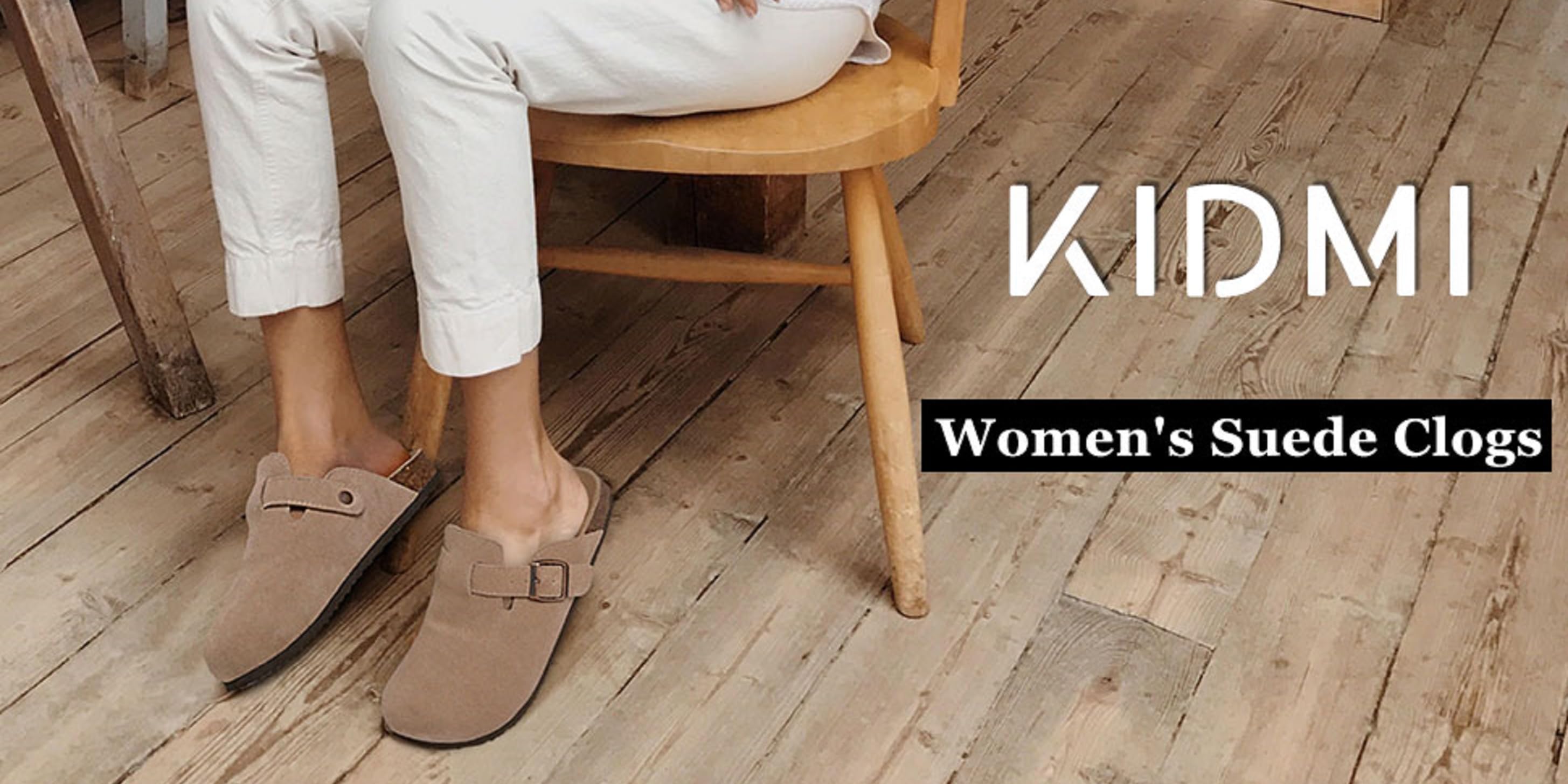 KIDMI suede clogs worn on a wooden floor