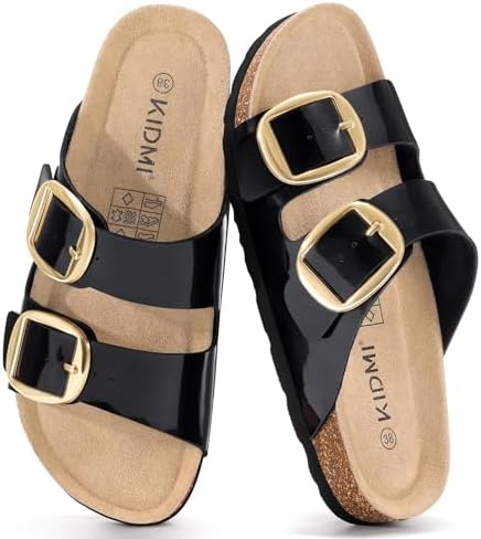 Cork slide with arch support in black patent