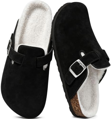 Fur lined suede clog in black
