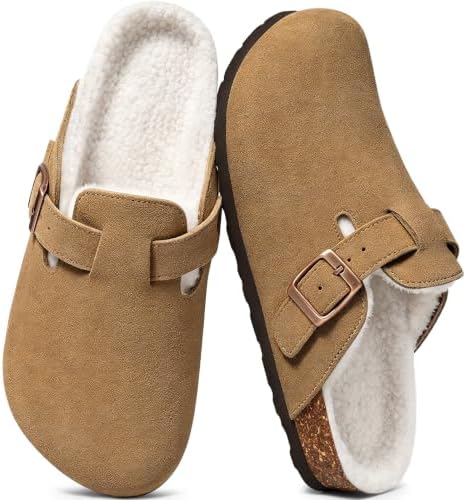Fur lined suede clog in brown
