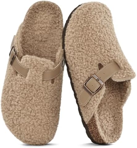 Fur lined suede clog in fuzzy khaki