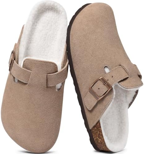 Fur lined suede clog in taupe