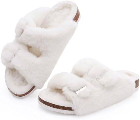 Fuzzy cork slipper in cream white