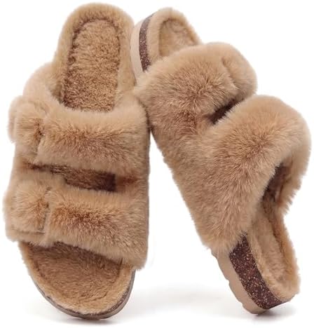 Fuzzy cork slipper in khaki